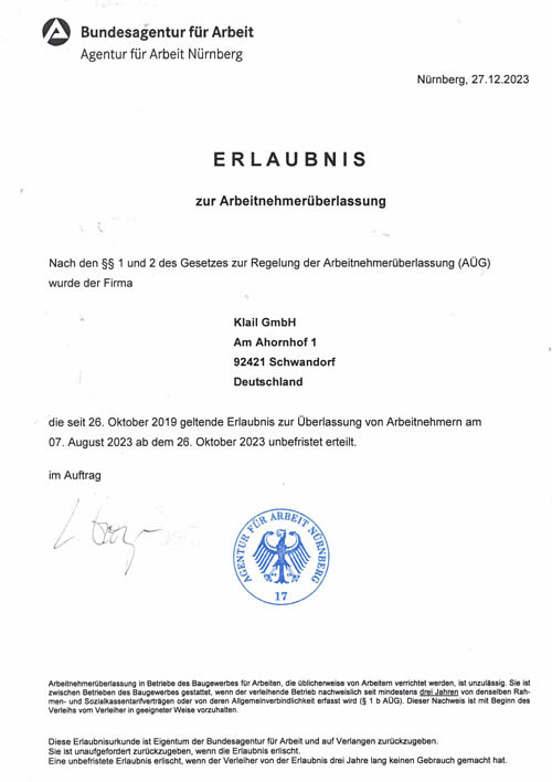 Erlaubnis unbeschränkt für Zeitarbeit